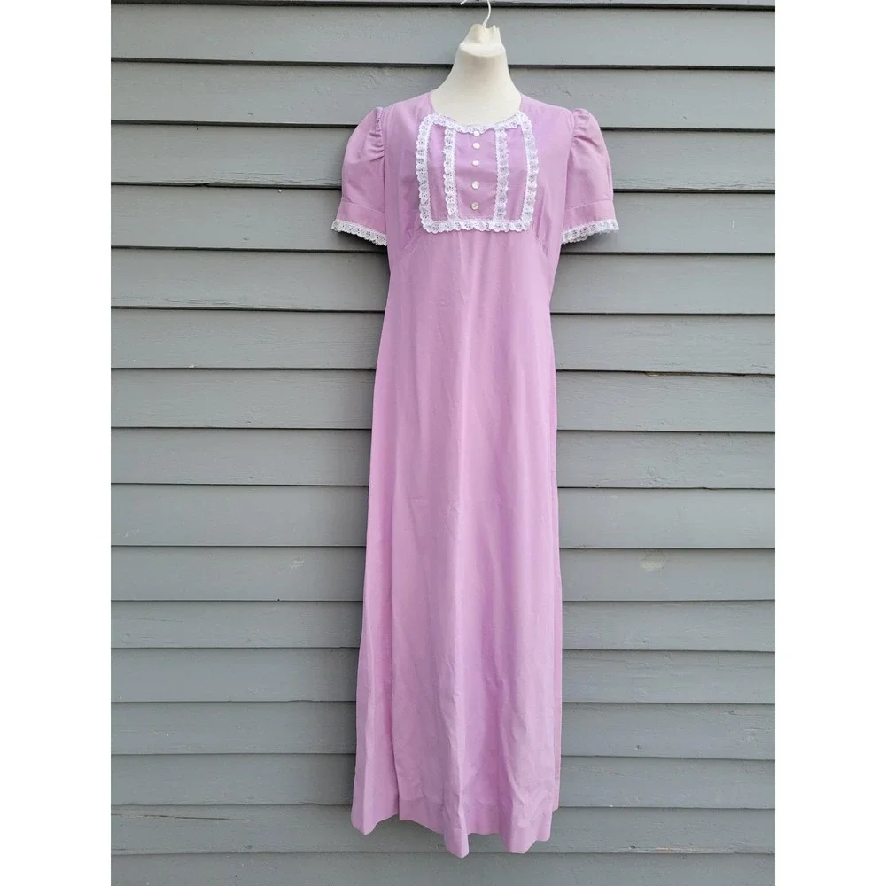 Vintage Handmade 70s Maxi Dress Lilac Lace Trim Puff Sleeve Prairie‎ Cottage Med